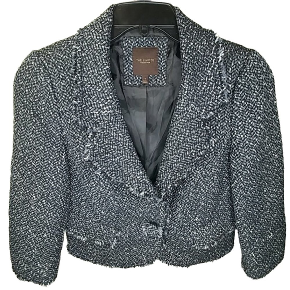 The Limited Collection Cropped Lined Tweed Fringe Half Sleeve Blazer Size M